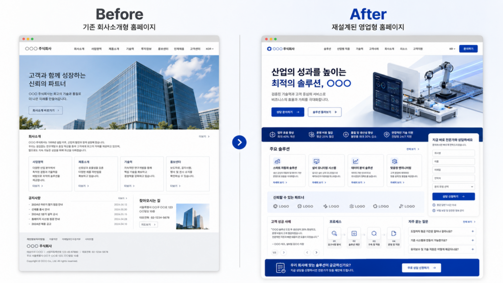 제조업 홈페이지 재설계 전후 비교, 회사소개형에서 영업형 구조로 변경