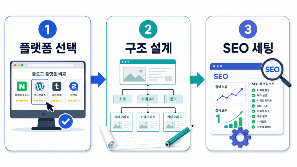 홈페이지형 블로그 구축 3단계 과정 다이어그램