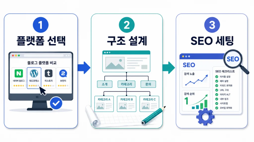 홈페이지형 블로그 구축 3단계 과정 다이어그램