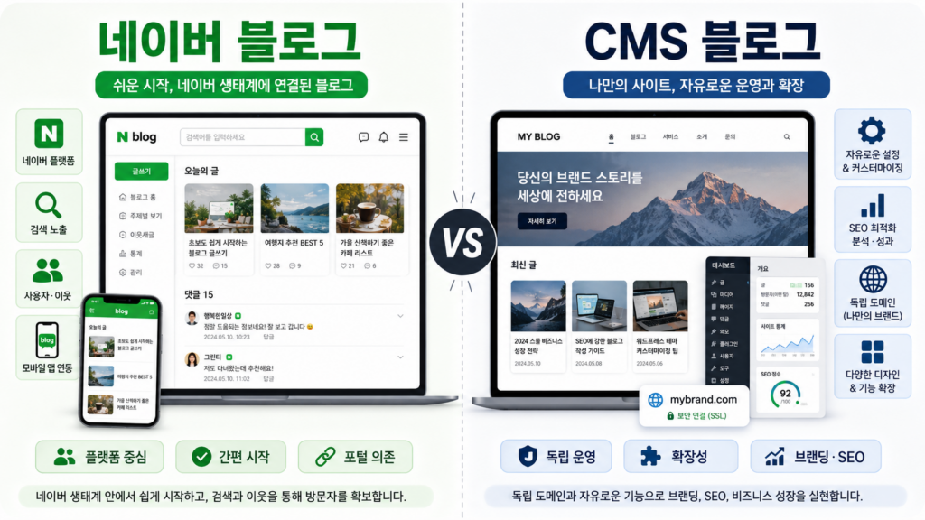 홈페이지형 블로그 두 가지 의미 비교, 네이버 블로그 꾸미기와 기업용 CMS 통합형